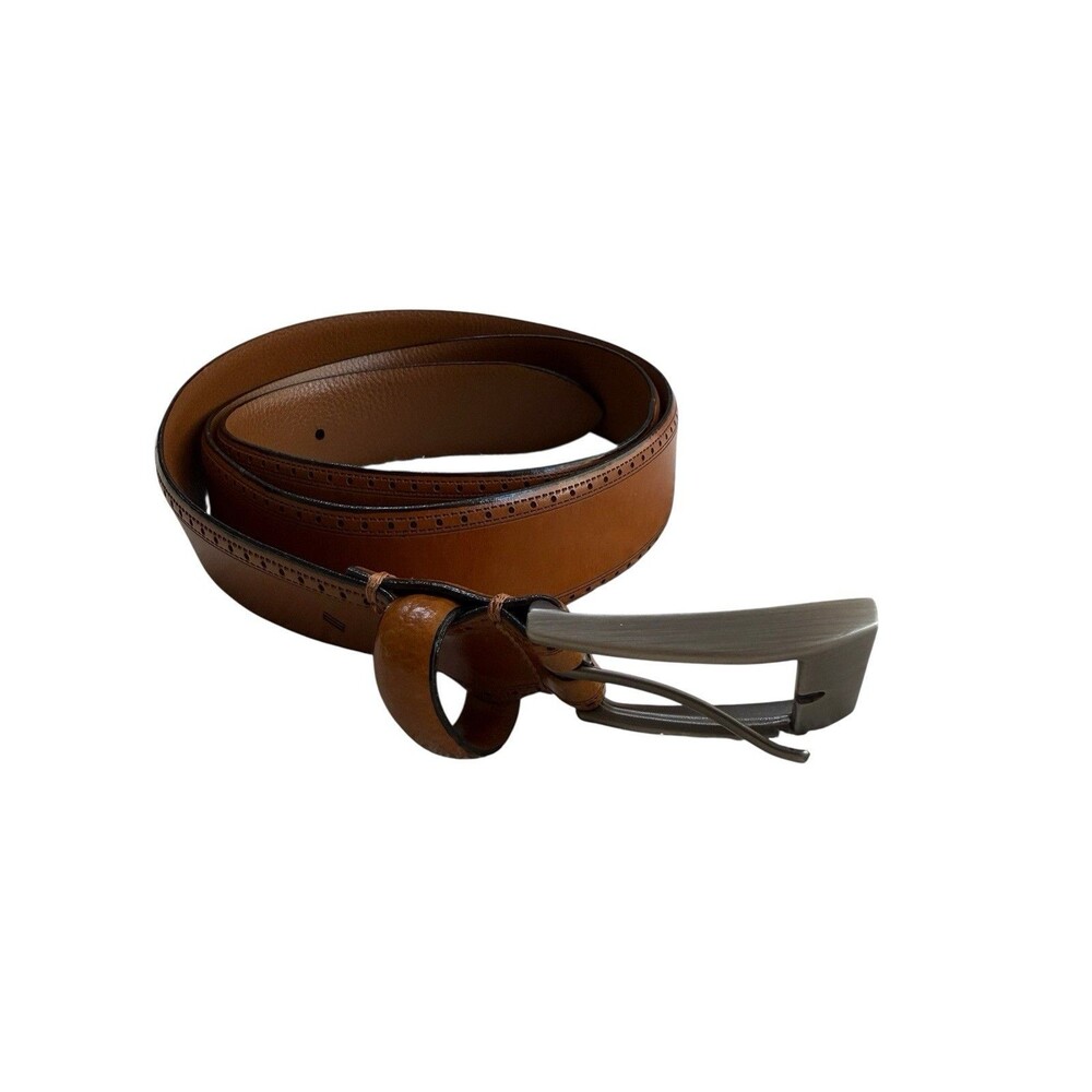 Joseph Abboud Brown Leather Belt 36 Made In Italy Brogue Detail Buckle